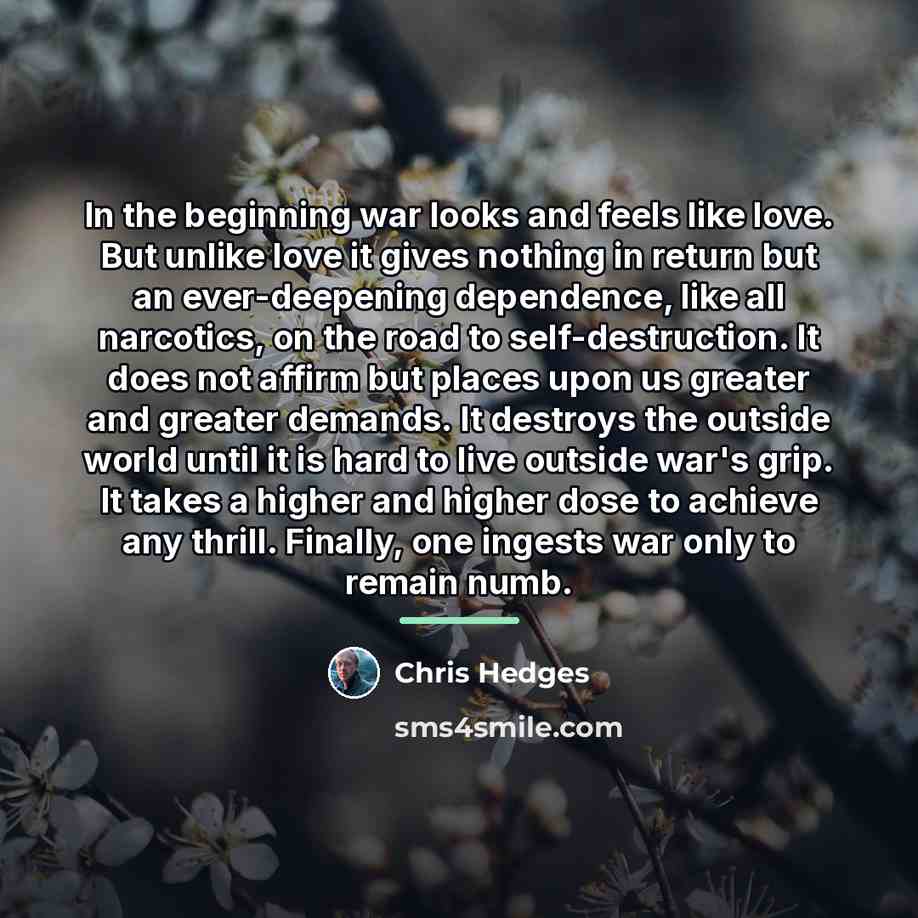 “In the beginning war looks and feels like love. But…” quote by Chris Hedges