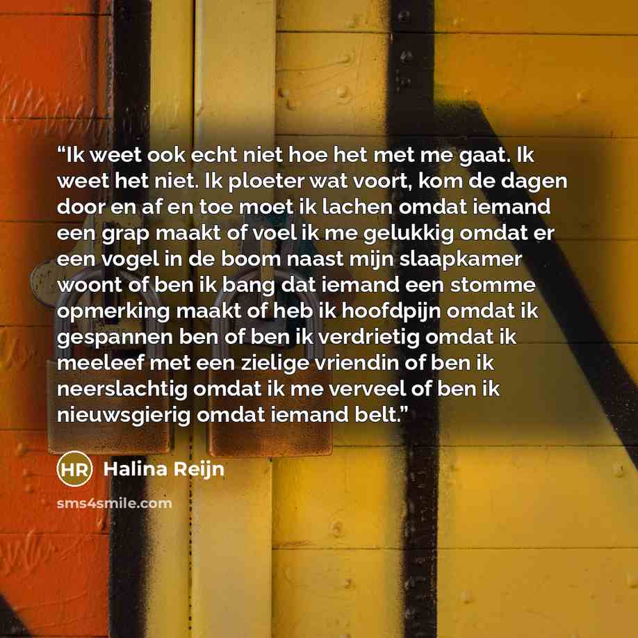 “Ik weet ook echt niet hoe het met me gaat. Ik weet het niet. Ik ploeter wat voort, kom de dagen door en af en toe moet ik lachen omdat iemand een grap maakt of voel ik me gelukkig omdat er een vogel in de boom naast mijn slaapkamer woont of ben ik bang dat iemand een stomme opmerking maakt of heb…” quote by Halina Reijn