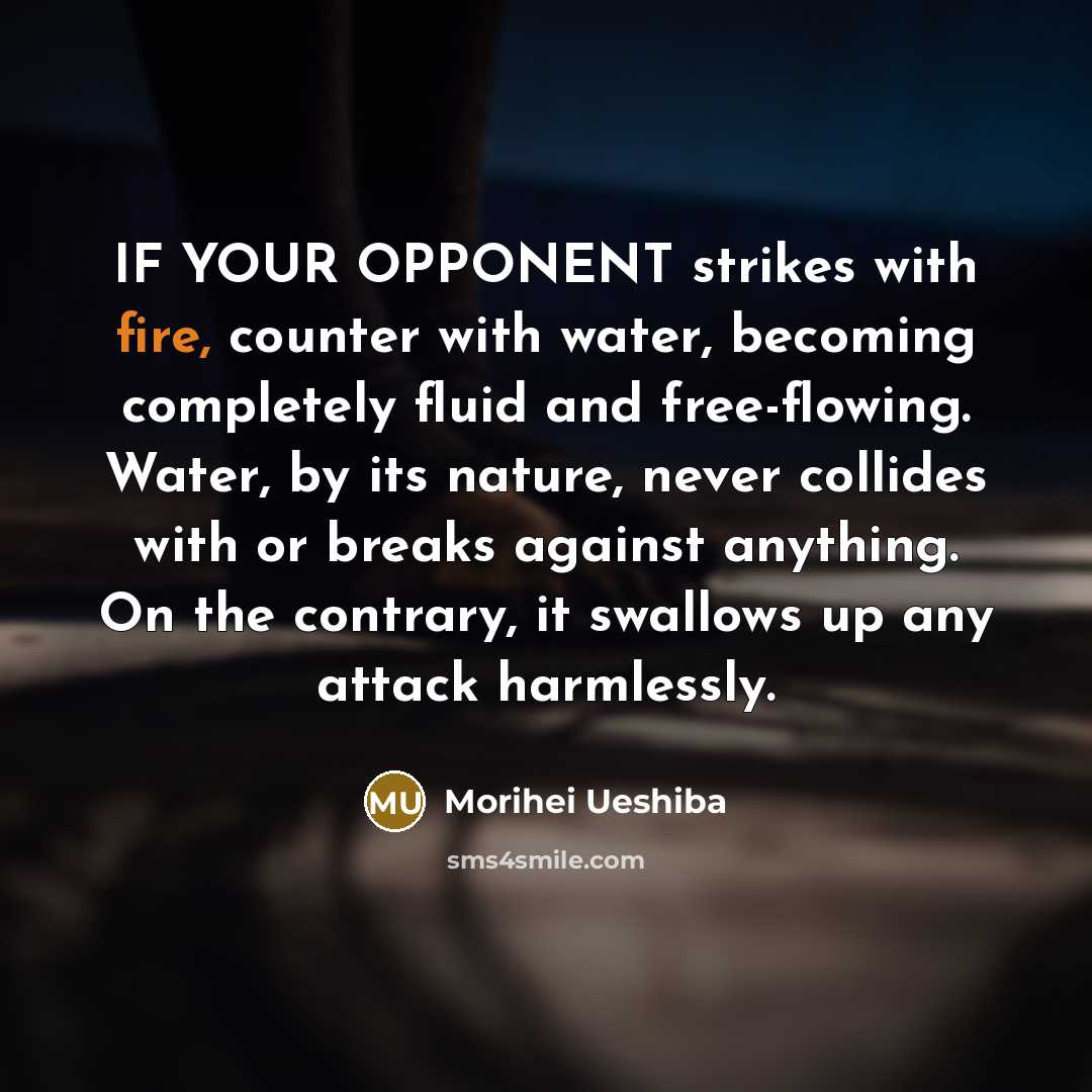 “IF YOUR OPPONENT strikes with fire, counter with water, becoming…” quote by Morihei Ueshiba