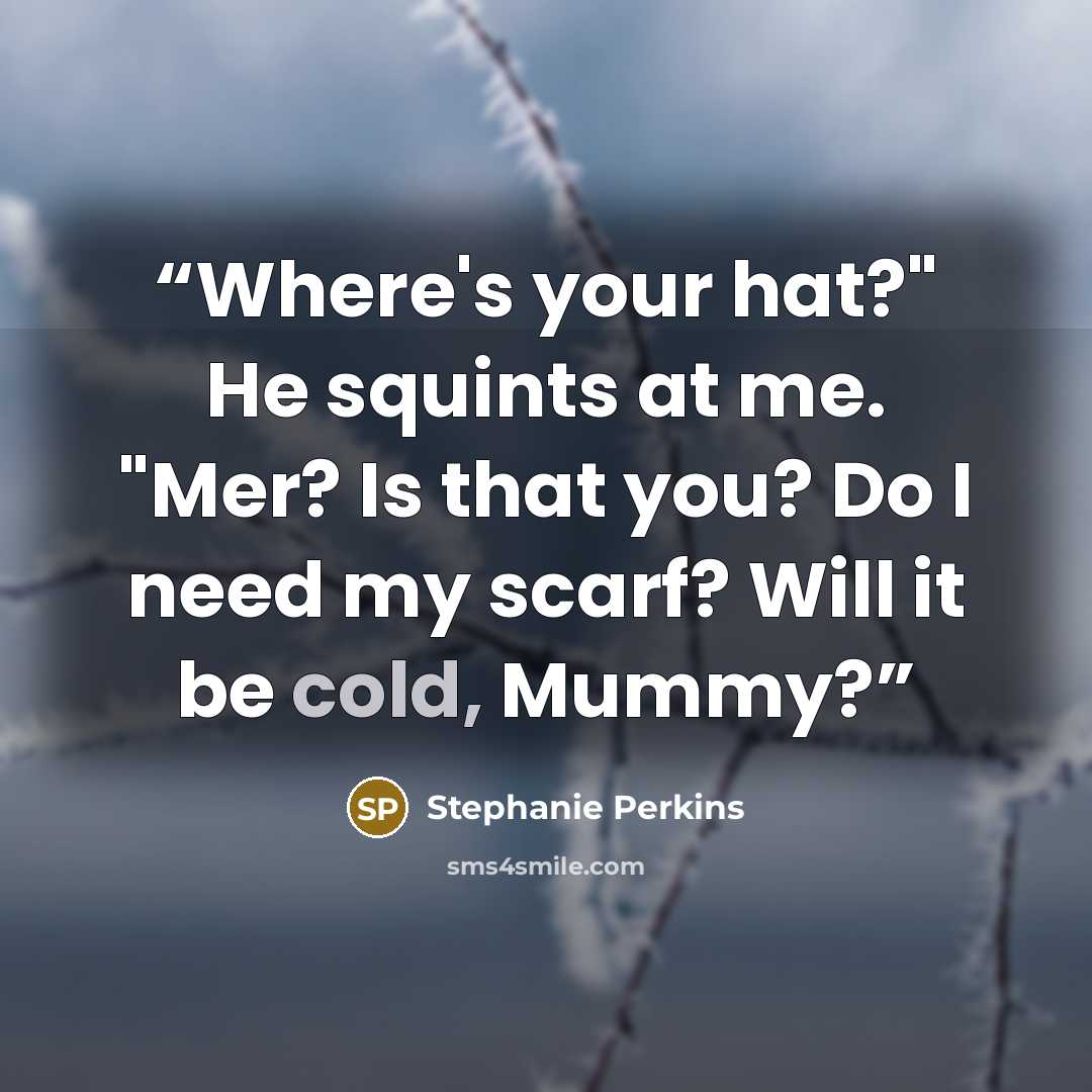 “Where's your hat?" He squints at me. "Mer? Is that you? Do I need my scarf? Will it be cold, Mummy?” quote by Stephanie Perkins