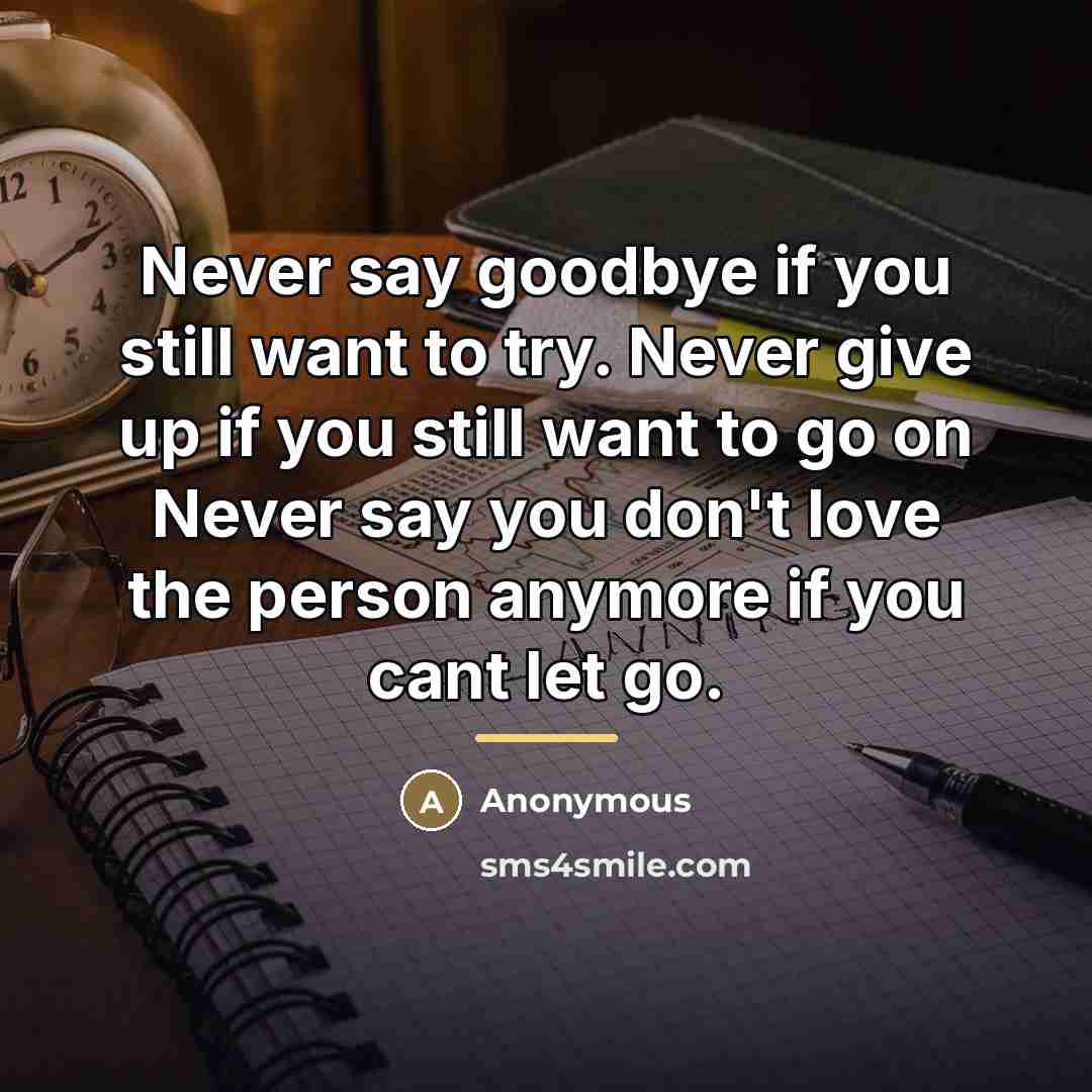 “Never say goodbye if you still want to try. Never…” quote by Anonymous