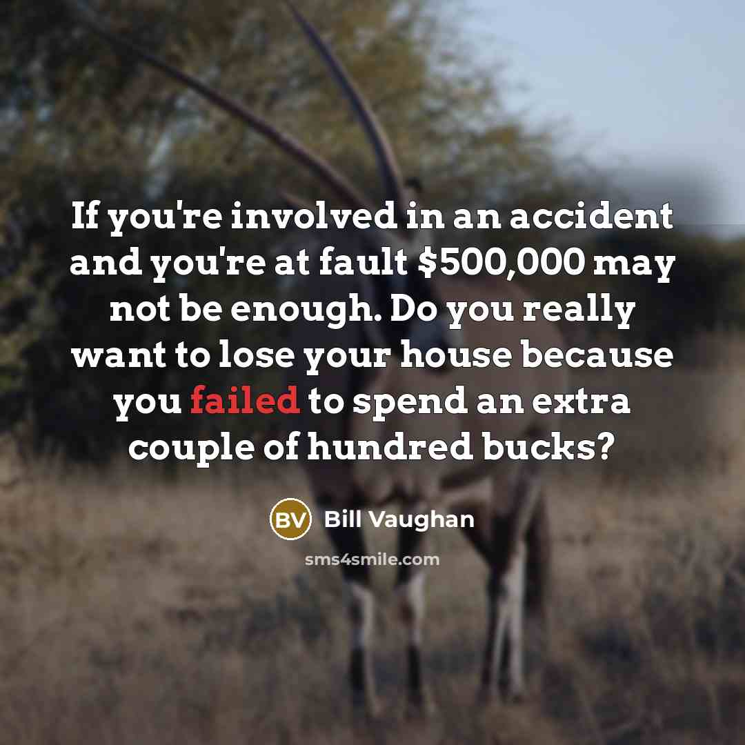 “If you're involved in an accident and you're at fault $500,000 may not be enough. Do you really want to lose your house because you failed to spend an extra couple of hundred bucks?” quote by Bill Vaughan