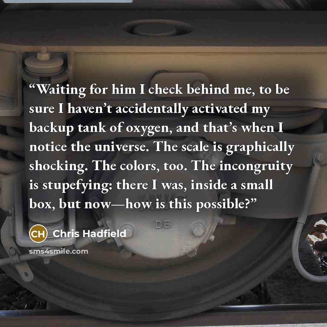 “Waiting for him I check behind me, to be sure I haven’t accidentally activated my backup tank of oxygen, and that’s when I notice the universe. The scale is graphically shocking. The colors, too. The incongruity is stupefying: there I was, inside a small box, but now—how is this possible?” quote by Chris Hadfield