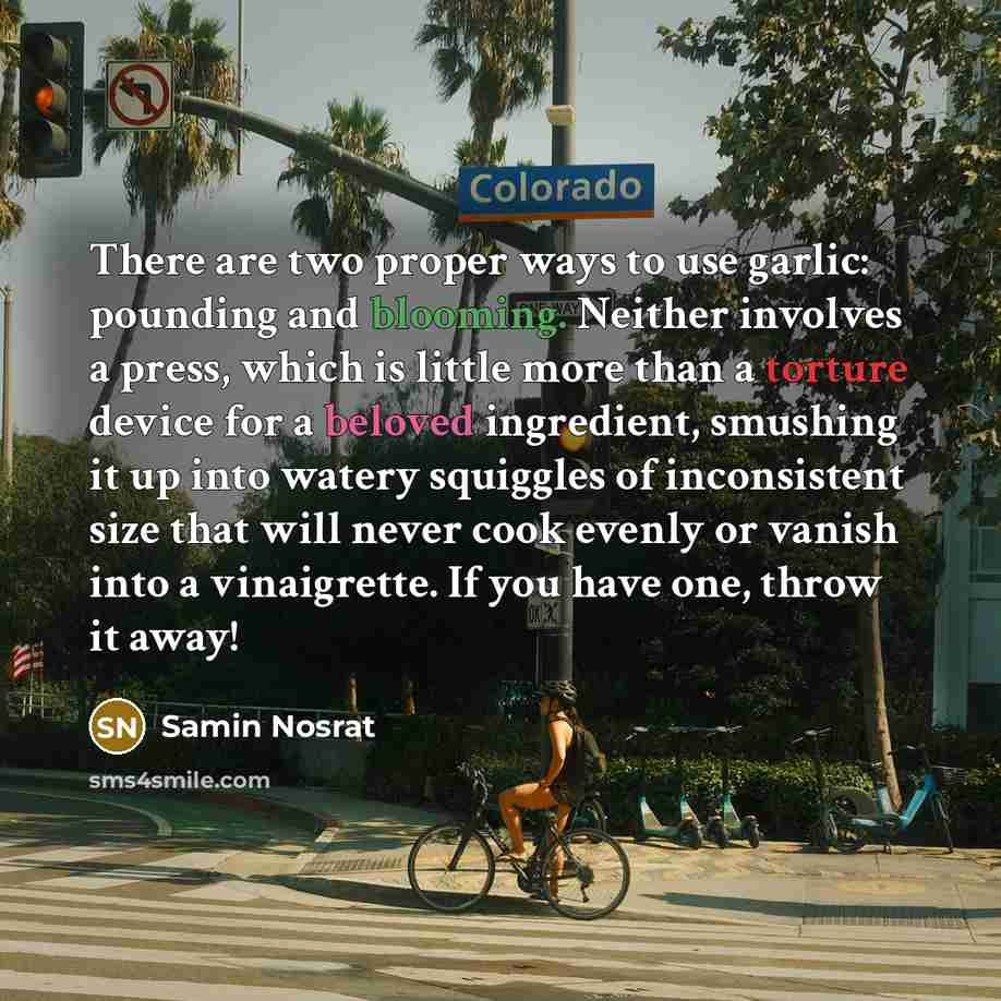 “There are two proper ways to use garlic: pounding and blooming. Neither involves a press, which is little more than a torture device for a beloved ingredient, smushing it up into watery squiggles of inconsistent size that will never cook evenly or vanish into a vinaigrette. If you have one, throw…” quote by Samin Nosrat