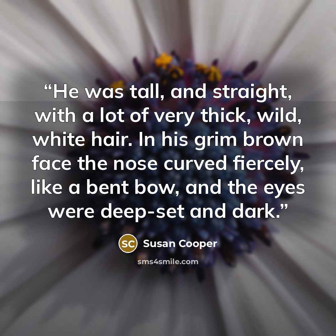 “He was tall, and straight, with a lot of very thick, wild, white hair. In his grim brown face the nose curved fiercely, like a bent bow, and the eyes were deep-set and dark.” quote by Susan Cooper
