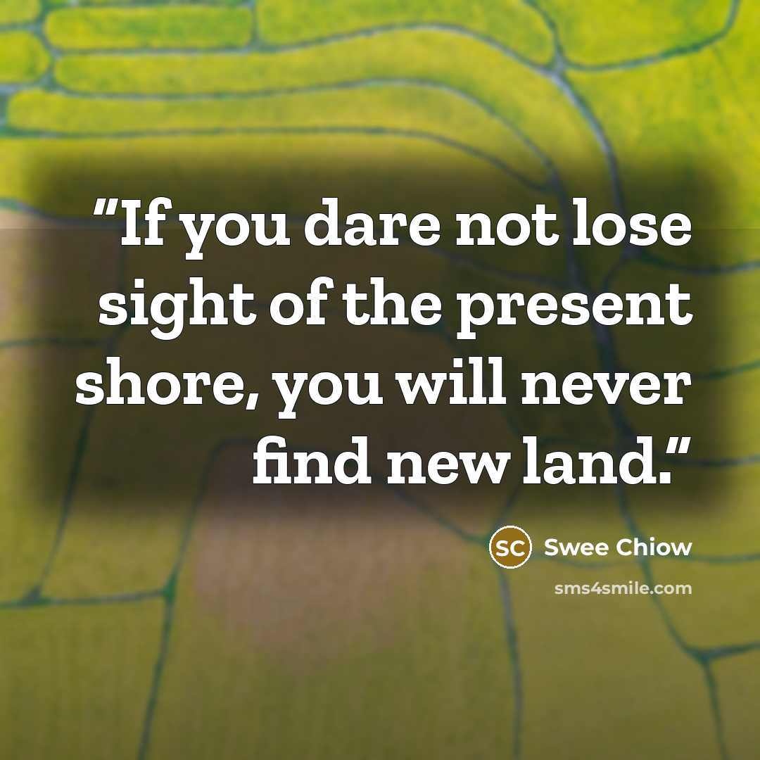 “If you dare not lose sight of the present shore, you will never find new land.” quote by Swee Chiow