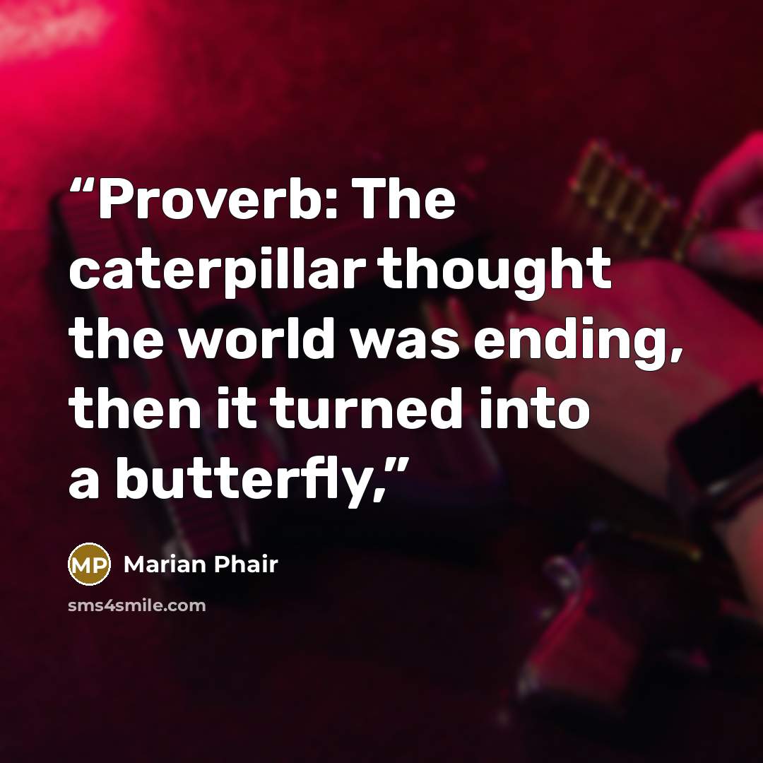 “Proverb: The caterpillar thought the world was ending, then it turned into a butterfly,” quote by Marian Phair