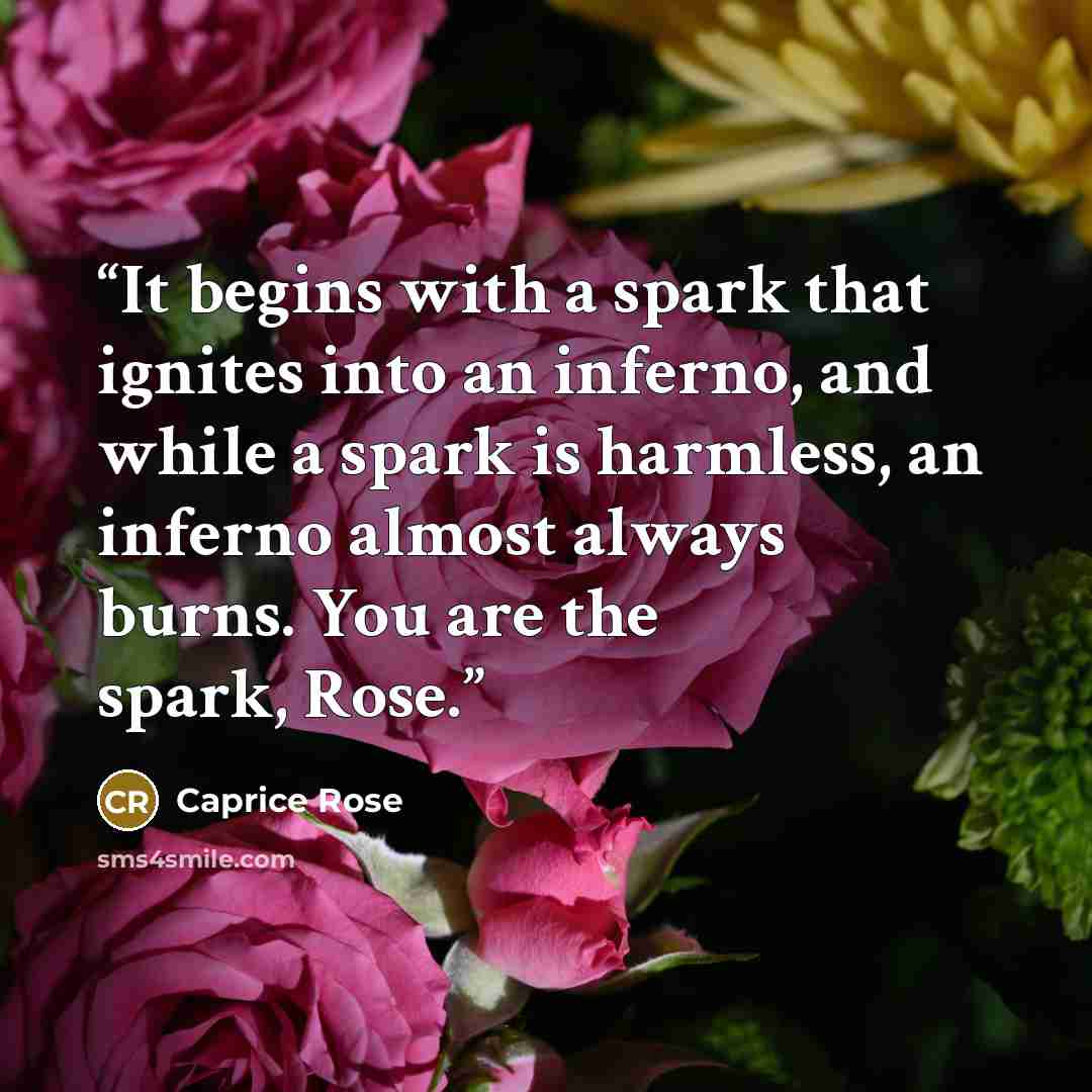 “It begins with a spark that ignites into an inferno, and while a spark is harmless, an inferno almost always burns. You are the spark, Rose.” quote by Caprice Rose