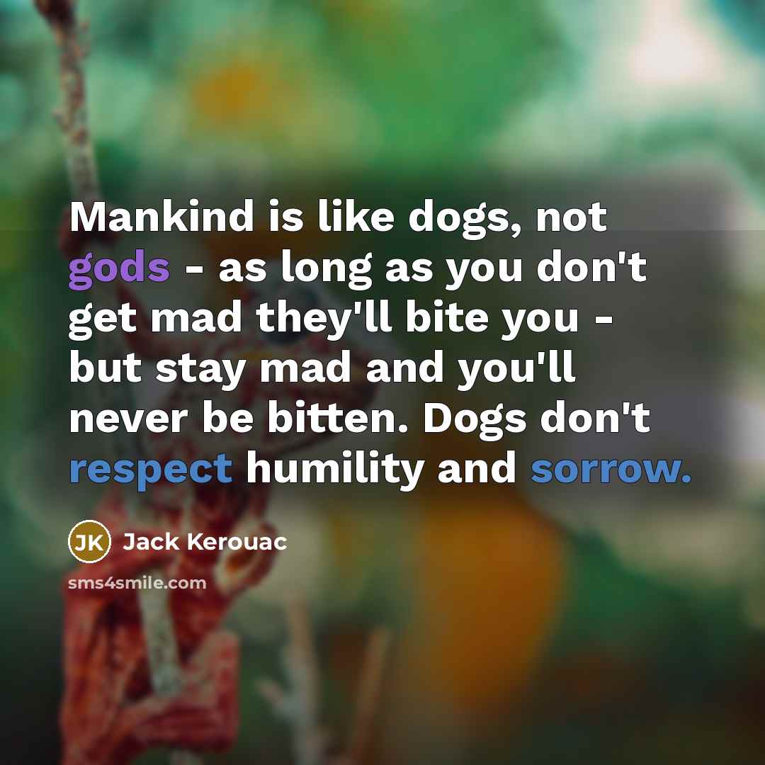 “Mankind is like dogs, not gods - as long as you don't get mad they'll bite you - but stay mad and you'll never be bitten. Dogs don't respect humility and sorrow.” quote by Jack Kerouac
