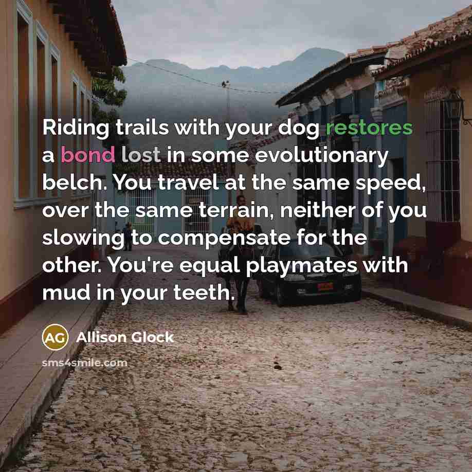 “Riding trails with your dog restores a bond lost in some evolutionary belch. You travel at the same speed, over the same terrain, neither of you slowing to compensate for the other. You're equal playmates with mud in your teeth.” quote by Allison Glock