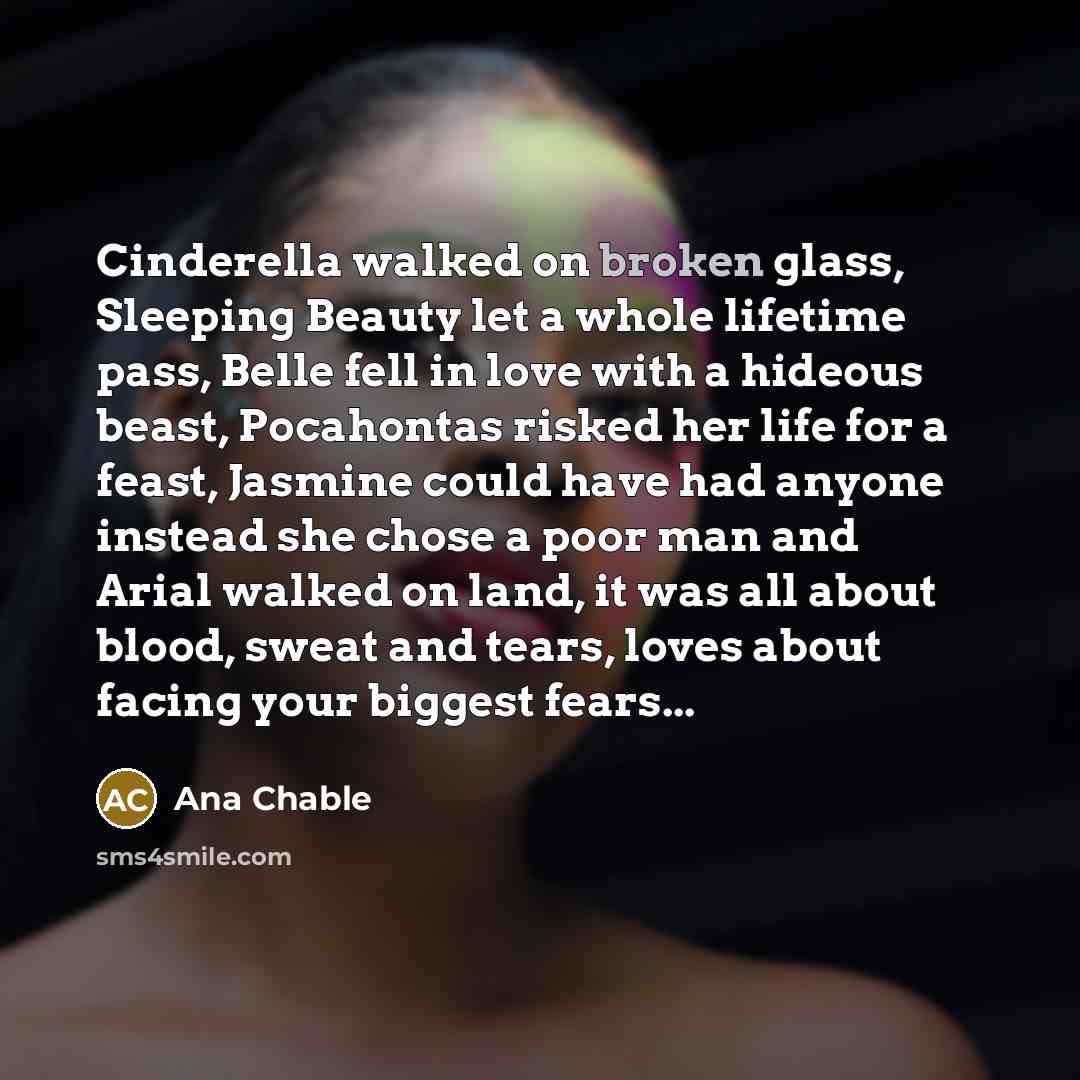 “Cinderella walked on broken glass, Sleeping Beauty let a whole…” quote by Ana Chable