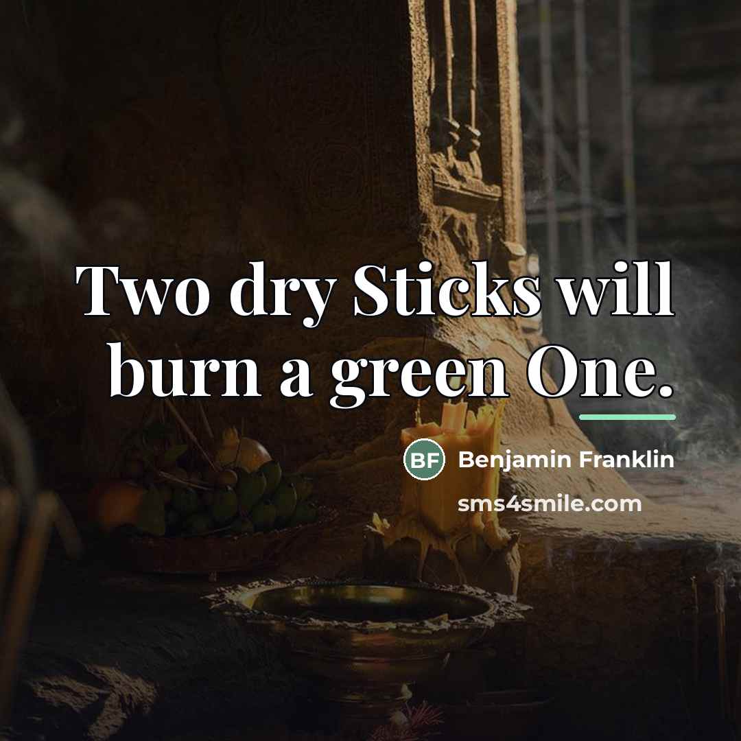 “Two dry Sticks will burn a green One.…” quote by Benjamin Franklin