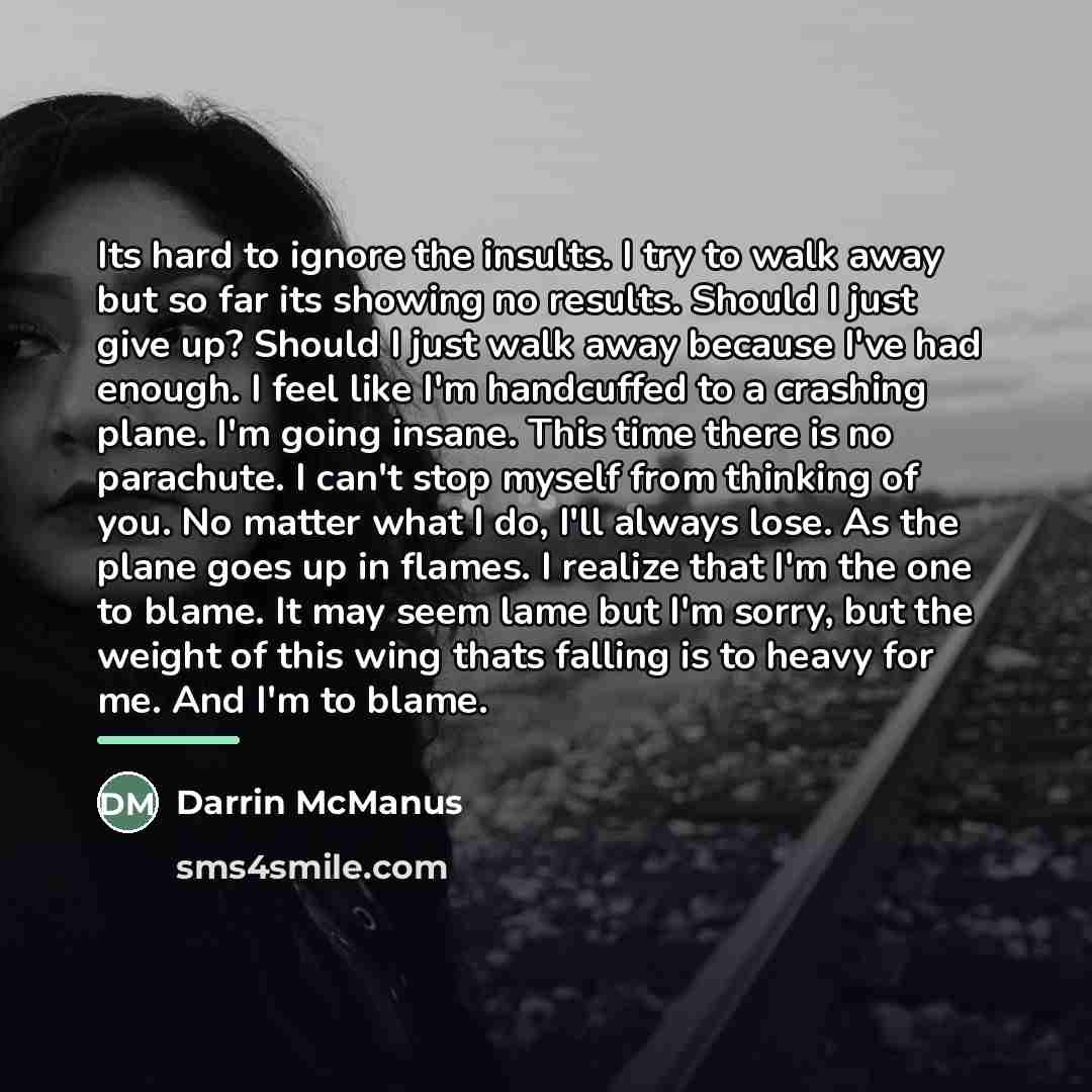 “Its hard to ignore the insults. I try to walk…” quote by Darrin McManus
