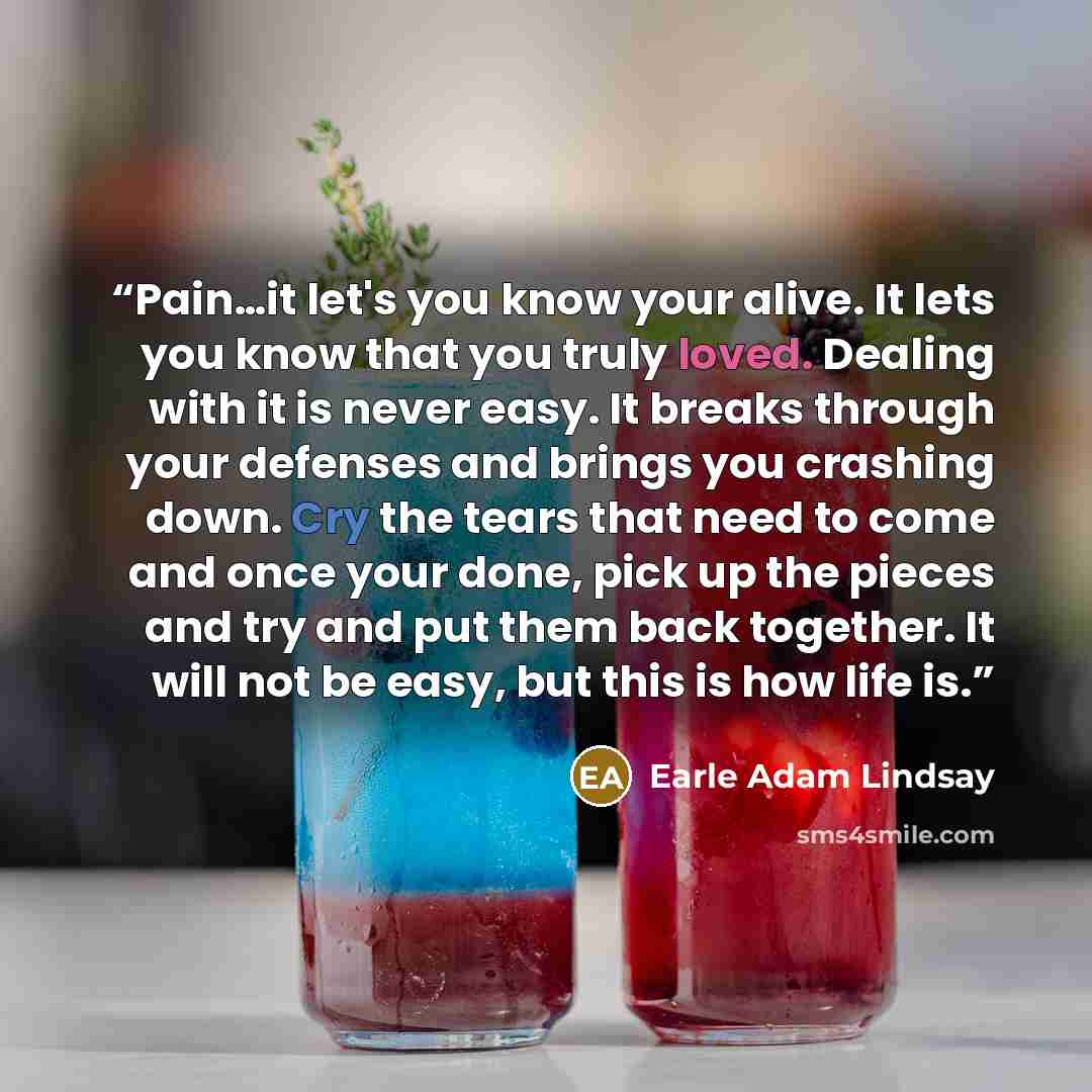 “Pain…it let's you know your alive. It lets you know that you truly loved. Dealing with it is never easy. It breaks through your defenses and brings you crashing down. Cry the tears that need to come and once your done, pick up the pieces and try and put them back together. It will not be easy, but…” quote by Earle Adam Lindsay