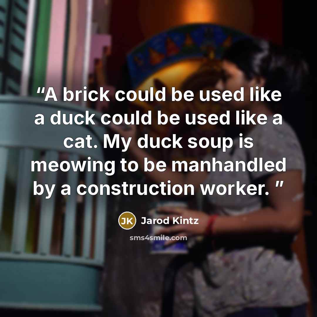 “A brick could be used like a duck could be used like a cat. My duck soup is meowing to be manhandled by a construction worker.” quote by Jarod Kintz
