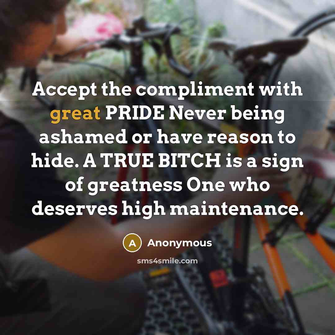 “Accept the compliment with great PRIDE Never being ashamed or have reason to hide. A TRUE BITCH is a sign of greatness One who deserves high maintenance.” quote by Anonymous