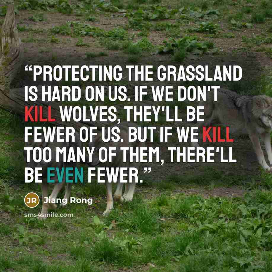 “Protecting the grassland is hard on us. If we don't kill wolves, they'll be fewer of us. But if we kill too many of them, there'll be even fewer.” quote by Jiang Rong