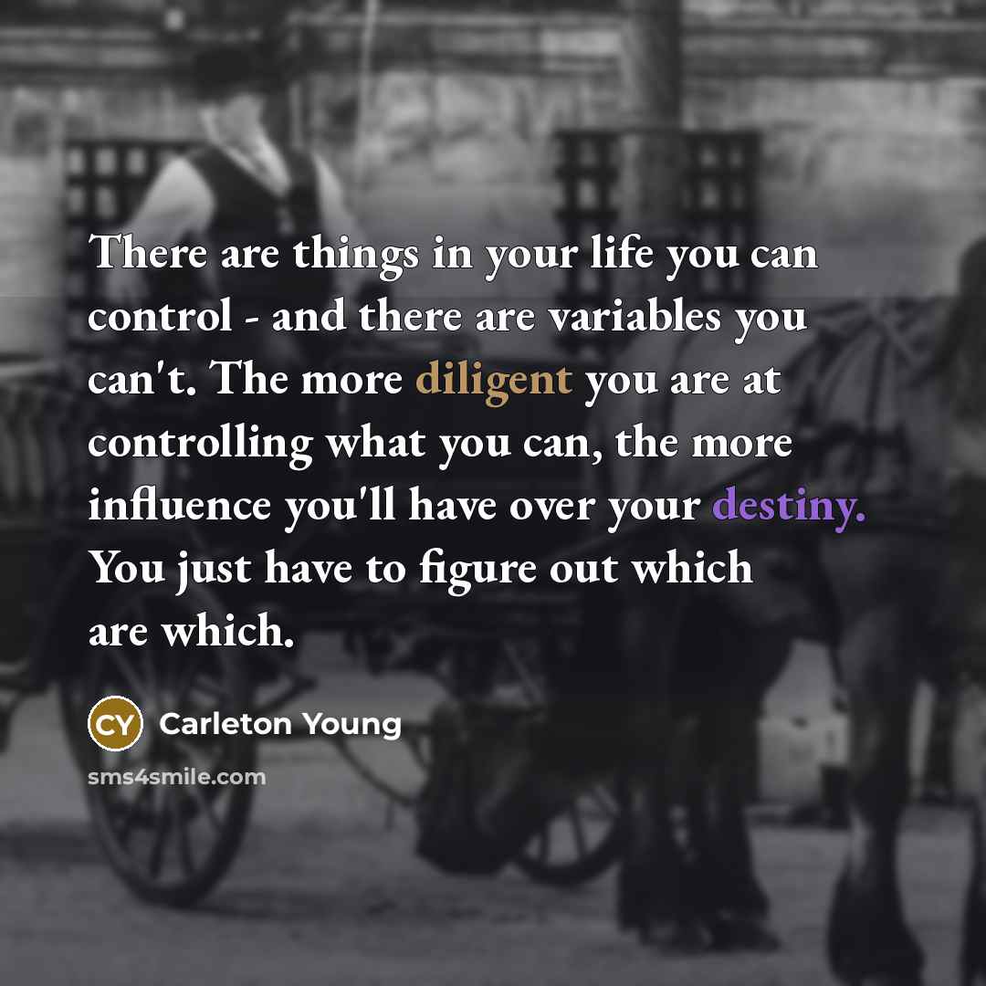 “There are things in your life you can control - and there are variables you can't. The more diligent you are at controlling what you can, the more influence you'll have over your destiny. You just have to figure out which are which.” quote by Carleton Young