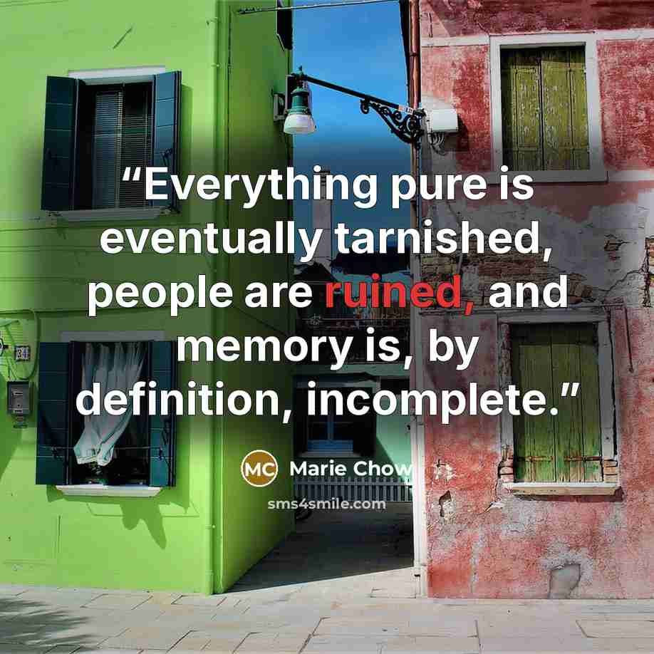 “Everything pure is eventually tarnished, people are ruined, and memory is, by definition, incomplete.” quote by Marie Chow