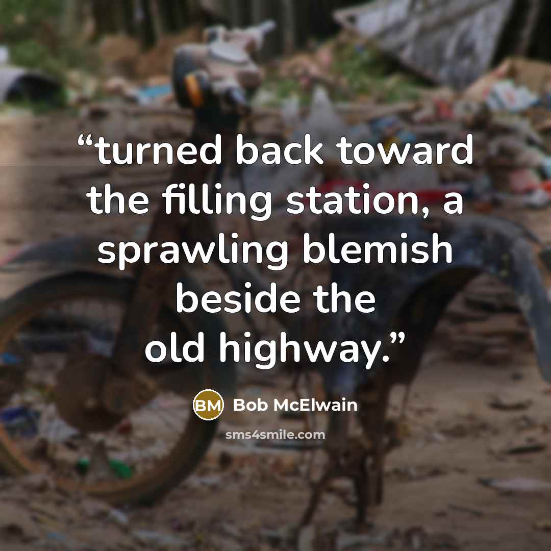 “turned back toward the filling station, a sprawling blemish beside the old highway.” quote by Bob McElwain