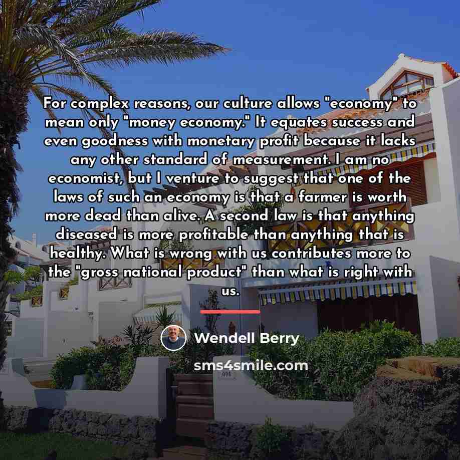 “For complex reasons, our culture allows "economy" to mean only…” quote by Wendell Berry