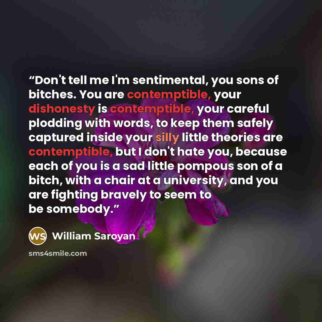 “Don't tell me I'm sentimental, you sons of bitches. You are contemptible, your dishonesty is contemptible, your careful plodding with words, to keep them safely captured inside your silly little theories are contemptible, but I don't hate you, because each of you is a sad little pompous son of a…” quote by William Saroyan