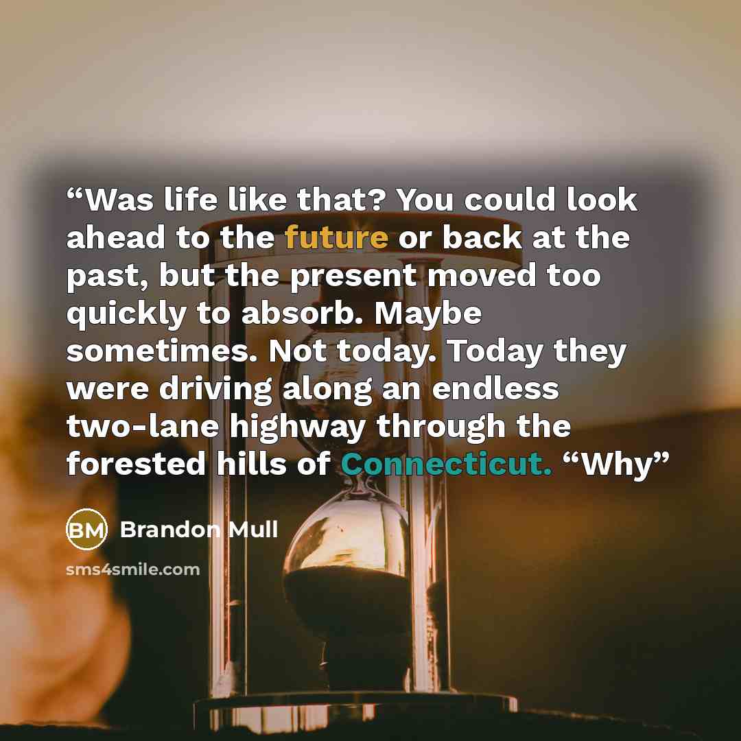 “Was life like that? You could look ahead to the future or back at the past, but the present moved too quickly to absorb. Maybe sometimes. Not today. Today they were driving along an endless two-lane highway through the forested hills of Connecticut. “Why” quote by Brandon Mull
