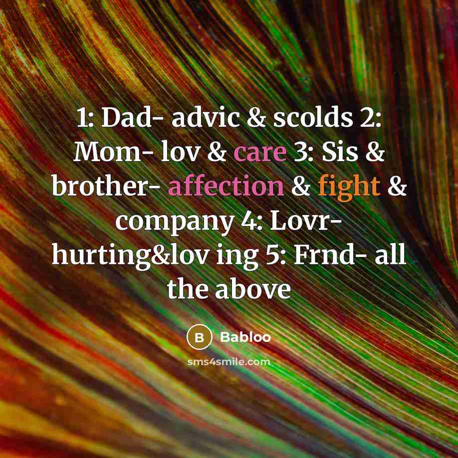 “1: Dad- advic & scolds 2: Mom- lov & care 3: Sis & brother- affection & fight & company 4: Lovr- hurting&lov ing 5: Frnd- all the above” quote by Babloo