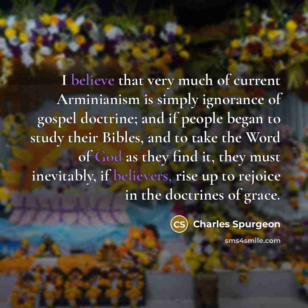 “I believe that very much of current Arminianism is simply ignorance of gospel doctrine; and if people began to study their Bibles, and to take the Word of God as they find it, they must inevitably, if believers, rise up to rejoice in the doctrines of grace.” quote by Charles Spurgeon