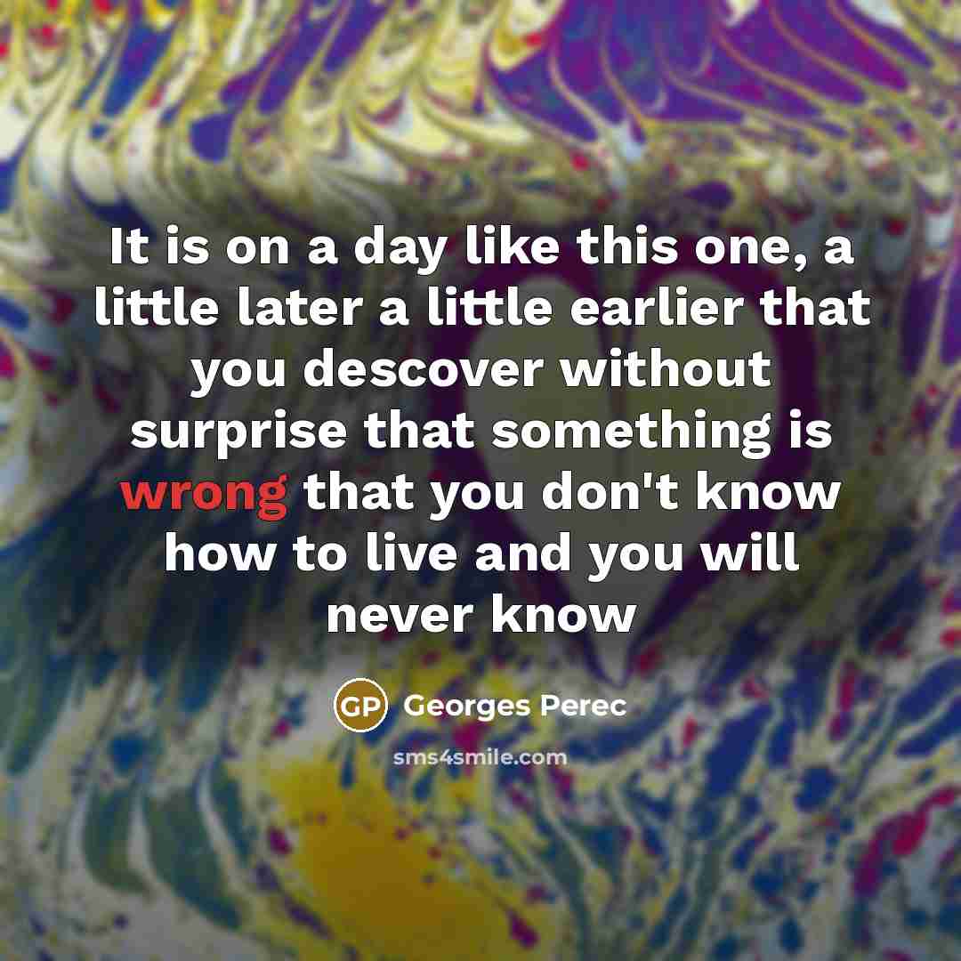 “It is on a day like this one, a little later a little earlier that you descover without surprise that something is wrong that you don't know how to live and you will never know” quote by Georges Perec