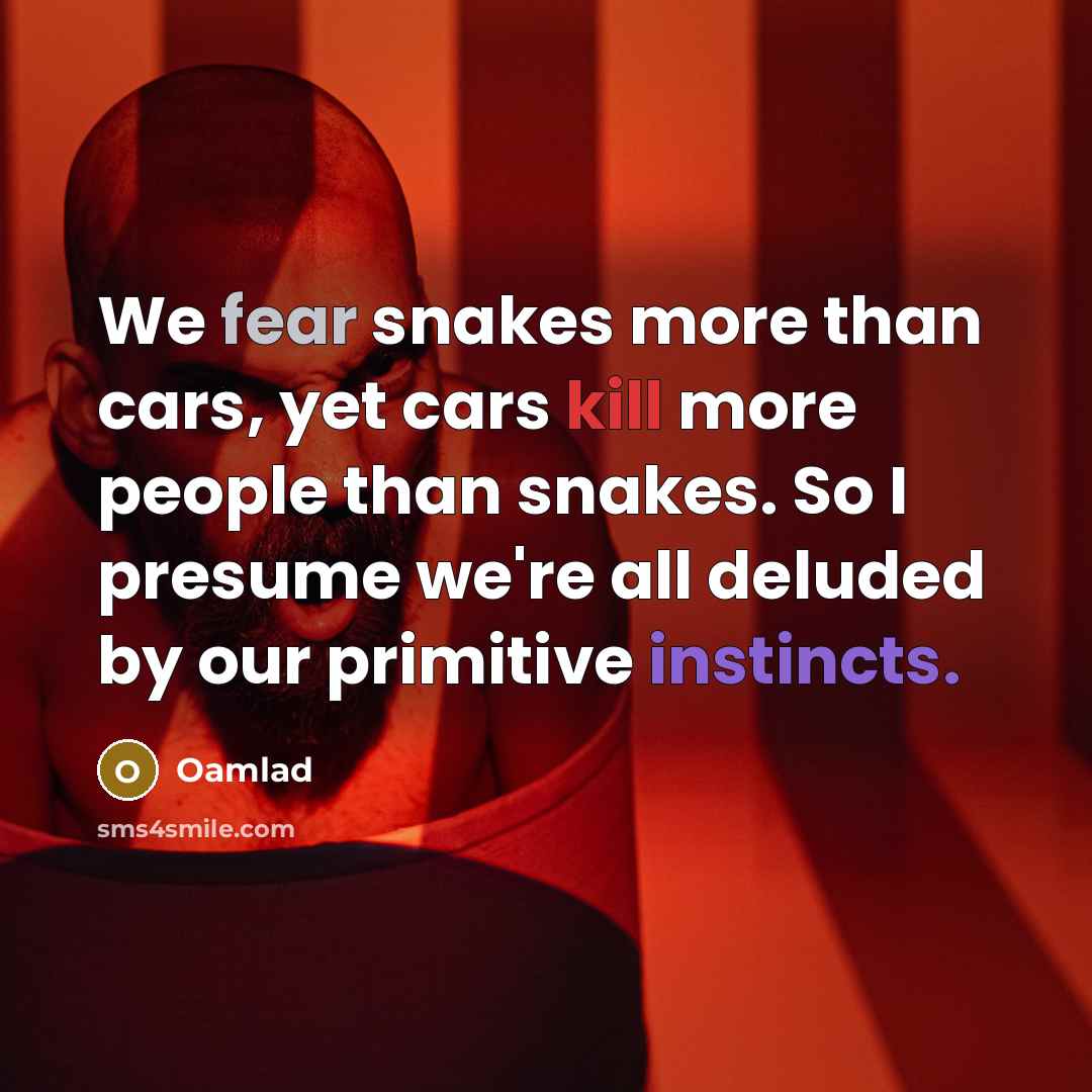 “We fear snakes more than cars, yet cars kill more…” quote by Oamlad