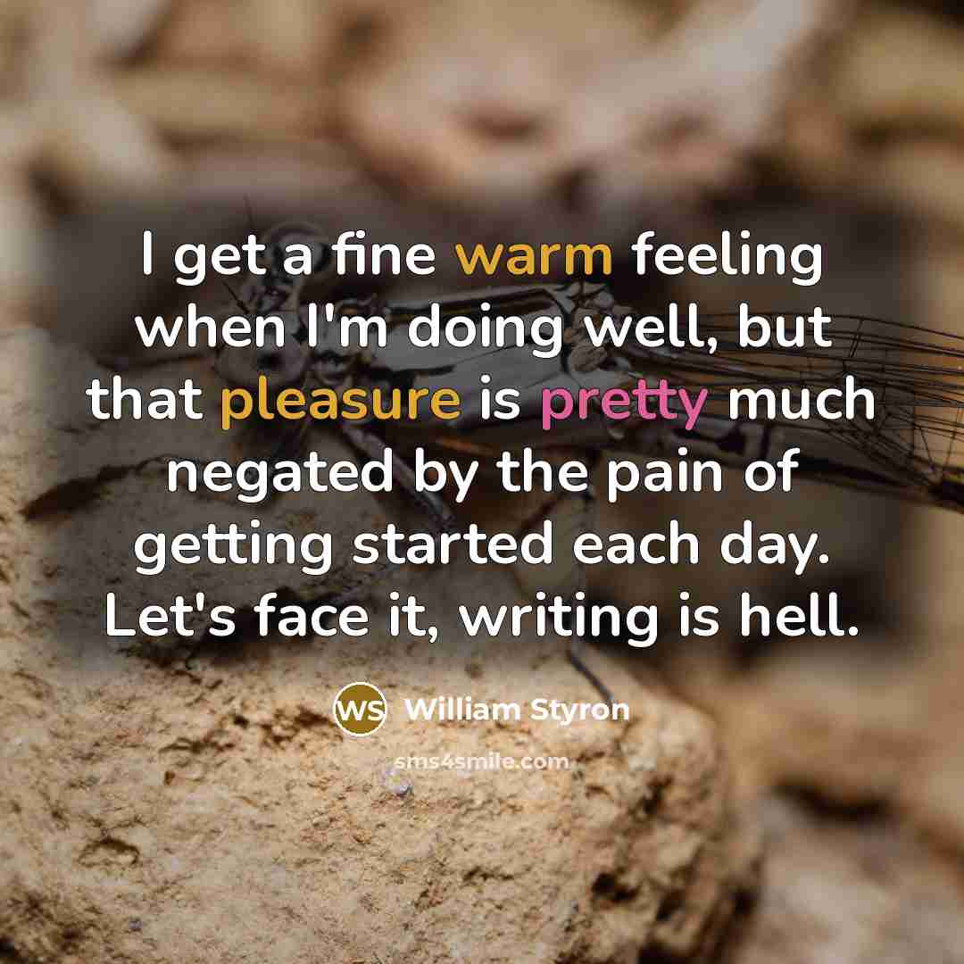 “I get a fine warm feeling when I'm doing well, but that pleasure is pretty much negated by the pain of getting started each day. Let's face it, writing is hell.” quote by William Styron