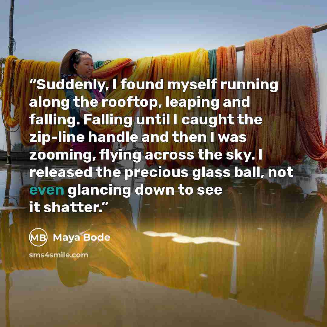“Suddenly, I found myself running along the rooftop, leaping and falling. Falling until I caught the zip-line handle and then I was zooming, flying across the sky. I released the precious glass ball, not even glancing down to see it shatter.” quote by Maya Bode