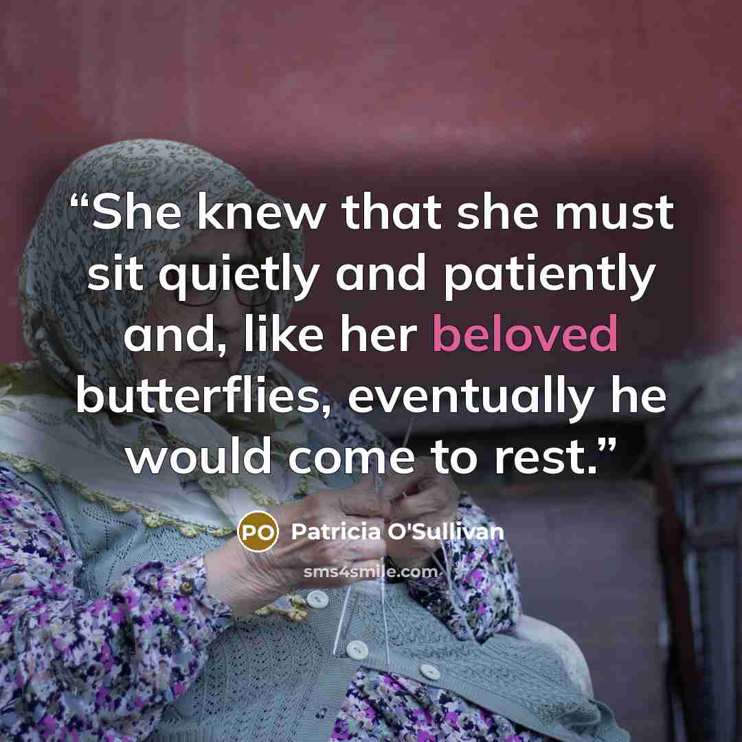 “She knew that she must sit quietly and patiently and, like her beloved butterflies, eventually he would come to rest.” quote by Patricia O'Sullivan