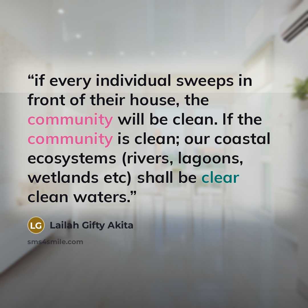 “if every individual sweeps in front of their house, the community will be clean. If the community is clean; our coastal ecosystems (rivers, lagoons, wetlands etc) shall be clear clean waters.” quote by Lailah Gifty Akita
