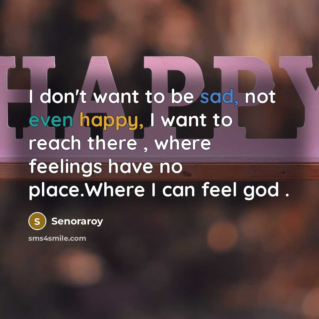 “I don't want to be sad, not even happy, I want to reach there , where feelings have no place.Where I can feel god .” quote by Senoraroy