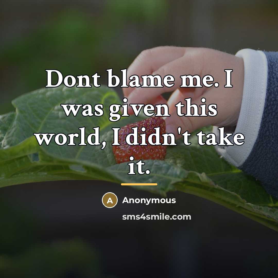 “Dont blame me. I was given this world, I didn't…” quote by Anonymous