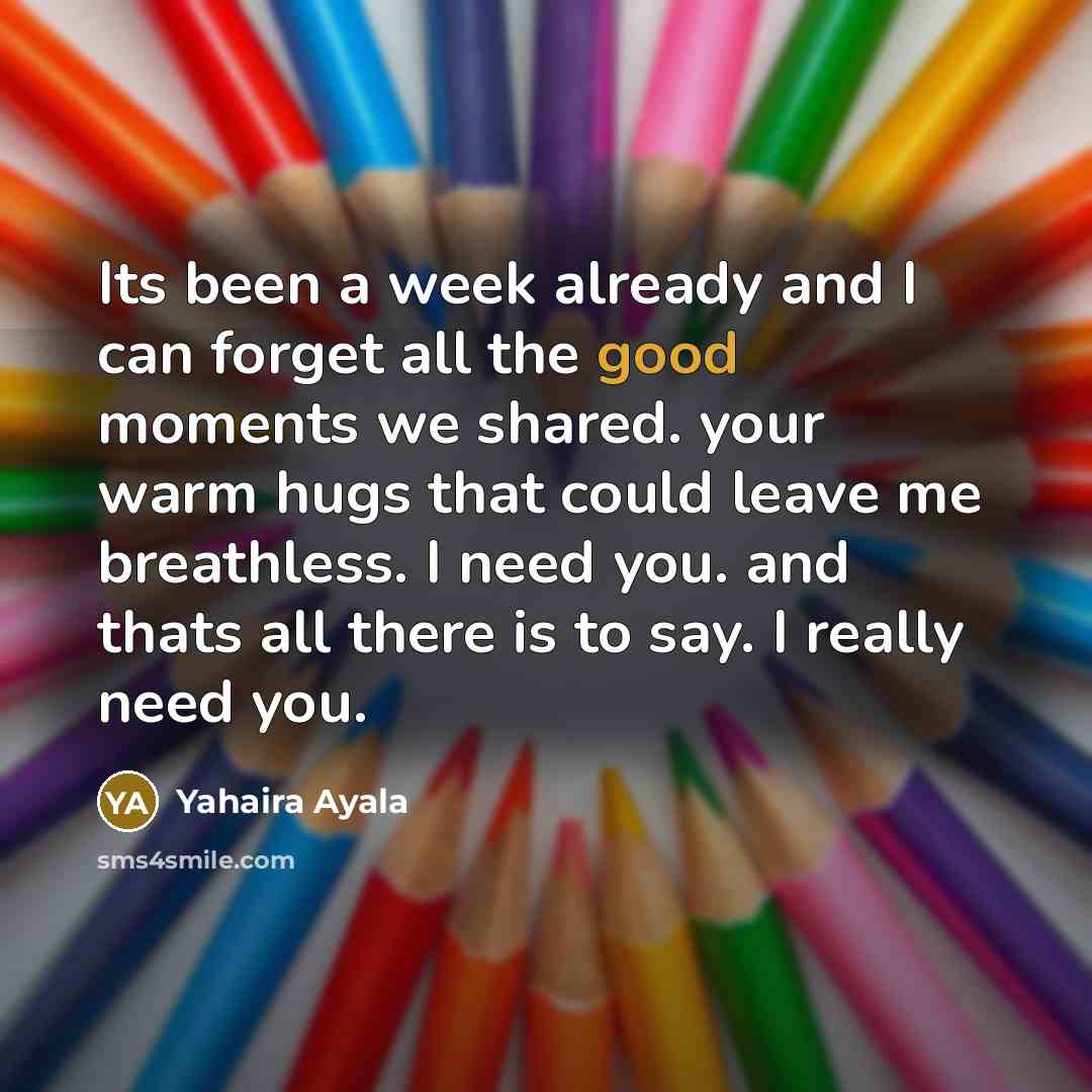 “Its been a week already and I can forget all the good moments we shared. your warm hugs that could leave me breathless. I need you. and thats all there is to say. I really need you.” quote by Yahaira Ayala