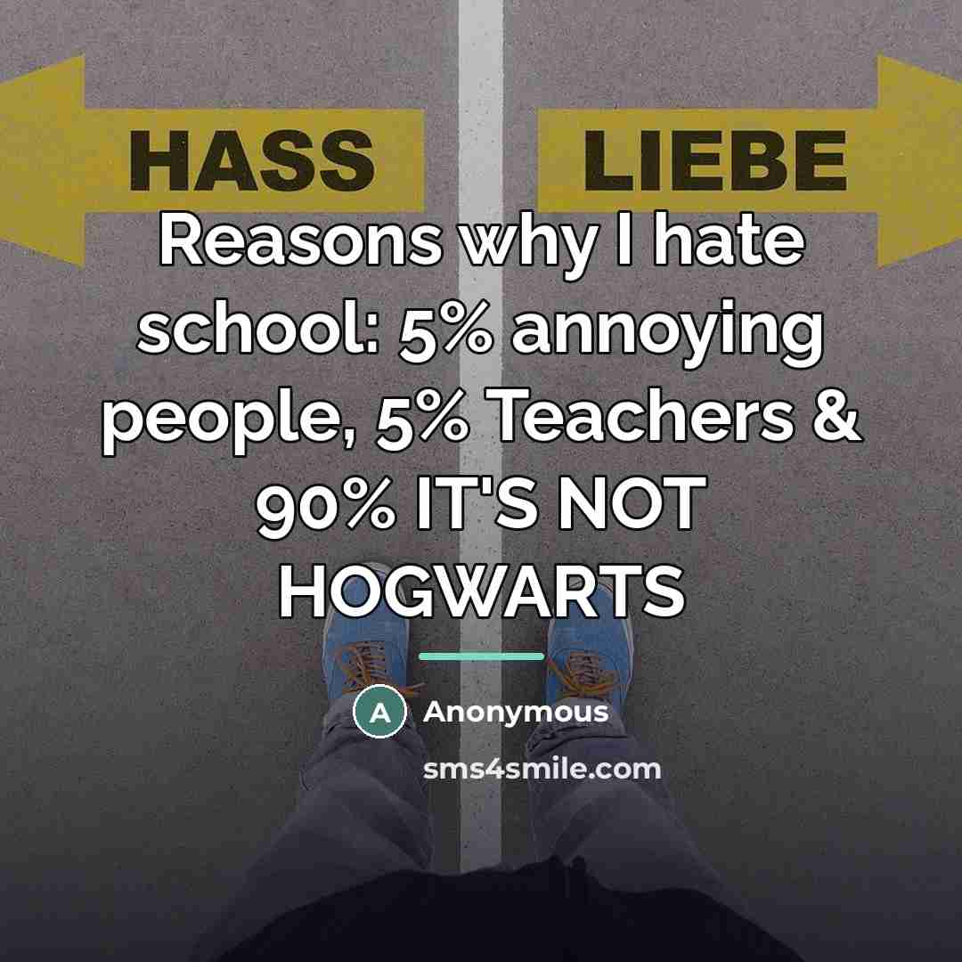 “Reasons why I hate school: 5% annoying people, 5% Teachers…” quote by Anonymous