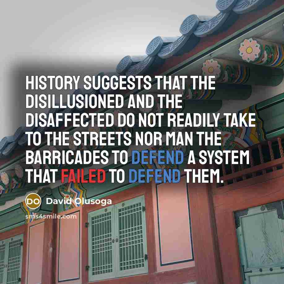 “History suggests that the disillusioned and the disaffected do not readily take to the streets nor man the barricades to defend a system that failed to defend them.” quote by David Olusoga