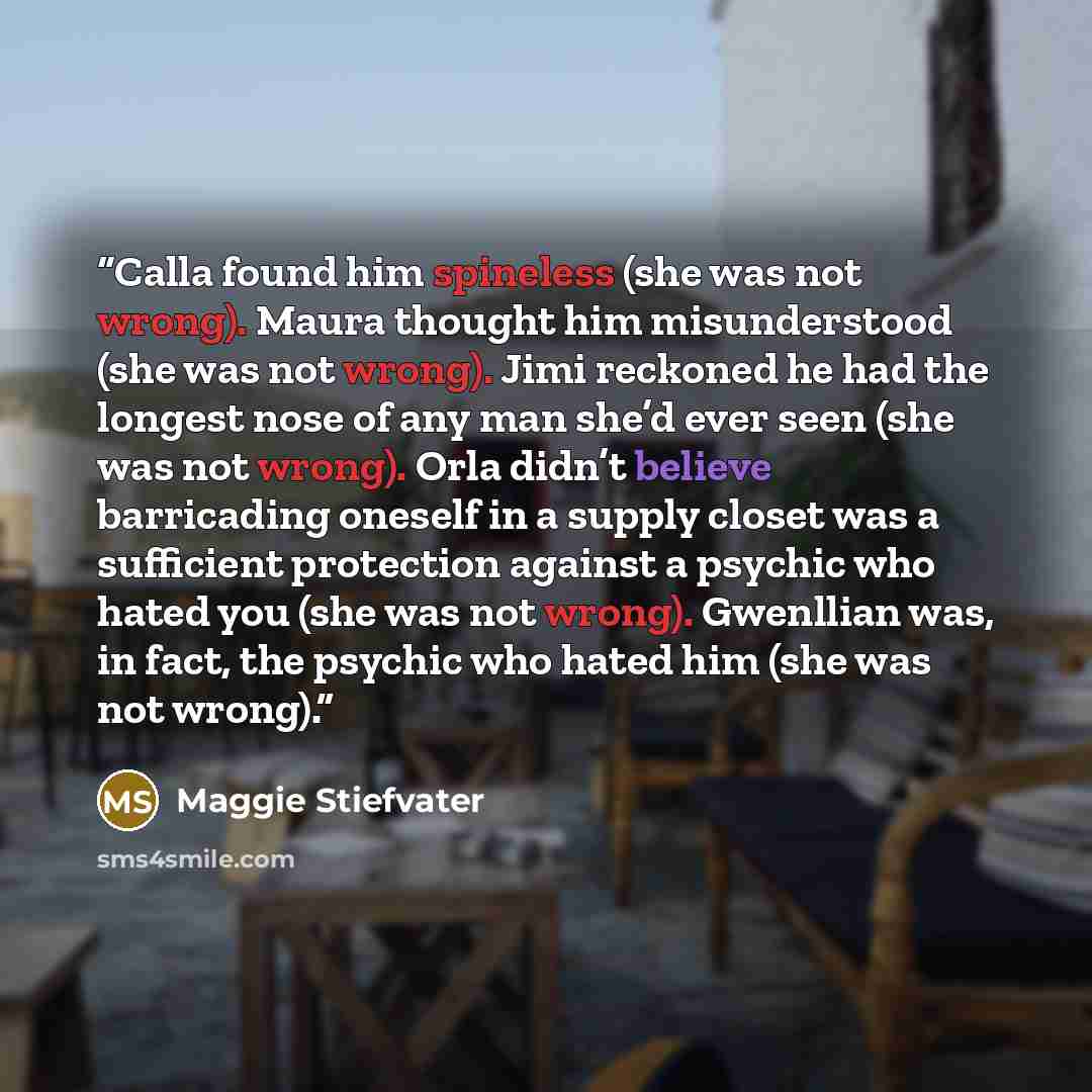 “Calla found him spineless (she was not wrong). Maura thought him misunderstood (she was not wrong). Jimi reckoned he had the longest nose of any man she’d ever seen (she was not wrong). Orla didn’t believe barricading oneself in a supply closet was a sufficient protection against a psychic who…” quote by Maggie Stiefvater