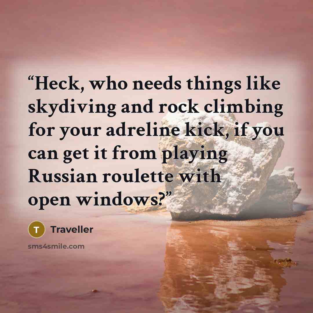 “Heck, who needs things like skydiving and rock climbing for your adreline kick, if you can get it from playing Russian roulette with open windows?” quote by Traveller