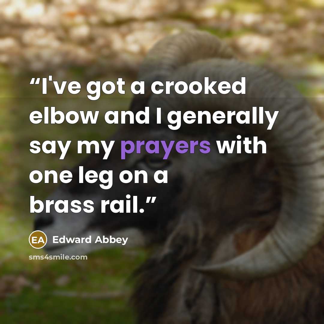 “I've got a crooked elbow and I generally say my prayers with one leg on a brass rail.” quote by Edward Abbey