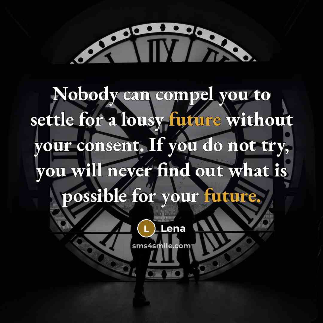 “Nobody can compel you to settle for a lousy future without your consent. If you do not try, you will never find out what is possible for your future.” quote by Lena