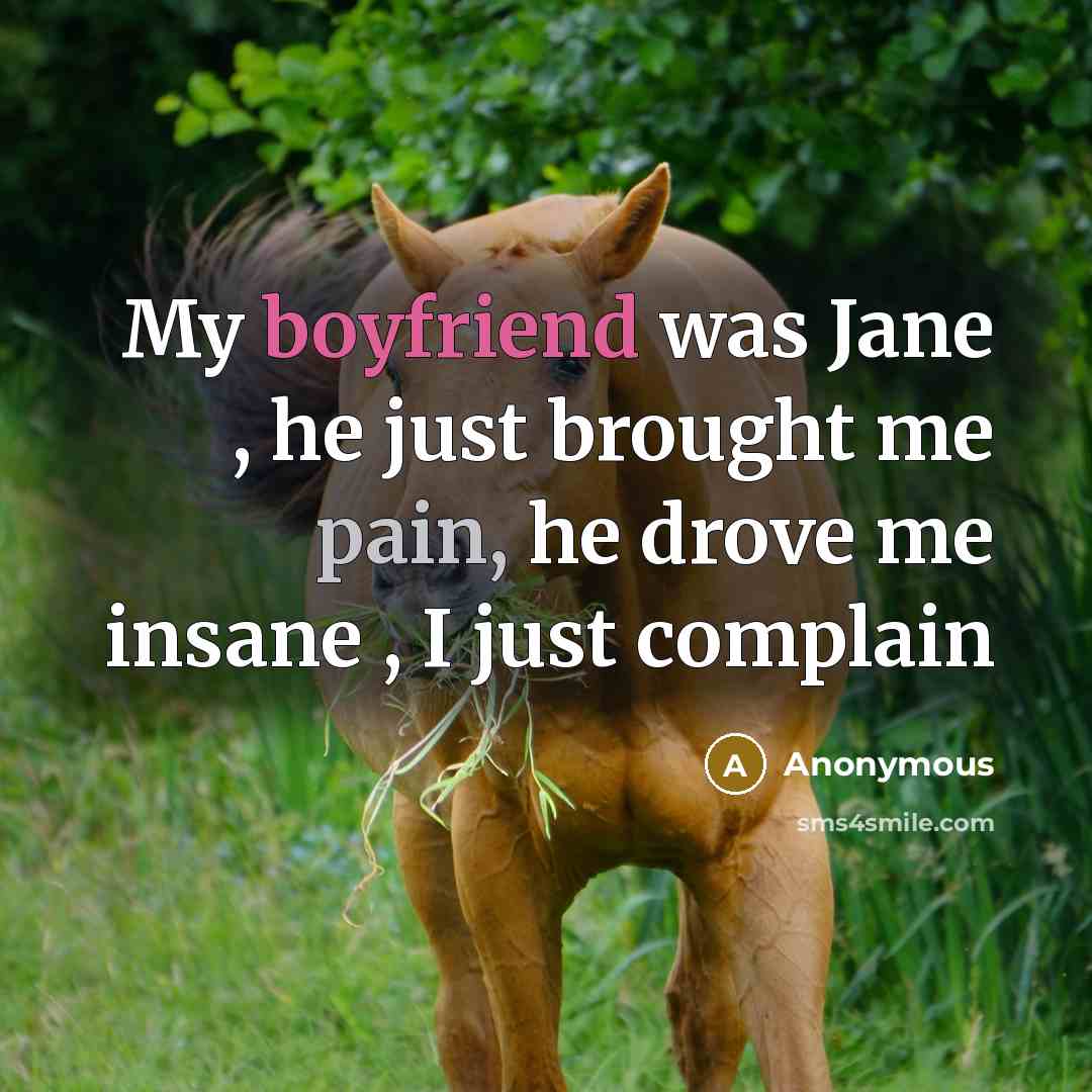 “My boyfriend was Jane , he just brought me pain, he drove me insane , I just complain” quote by Anonymous