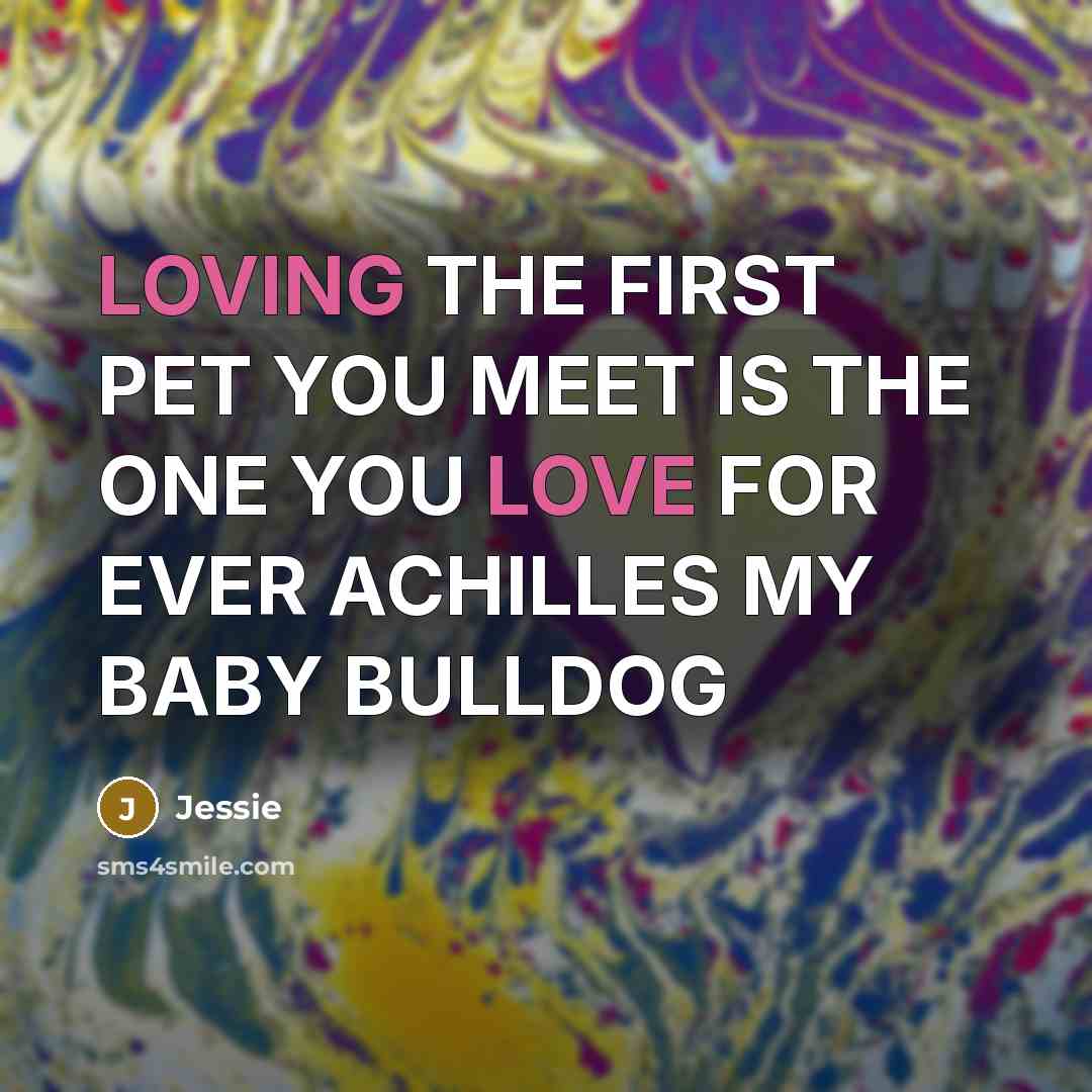 “LOVING THE FIRST PET YOU MEET IS THE ONE YOU LOVE FOR EVER ACHILLES MY BABY BULLDOG” quote by JESSIE