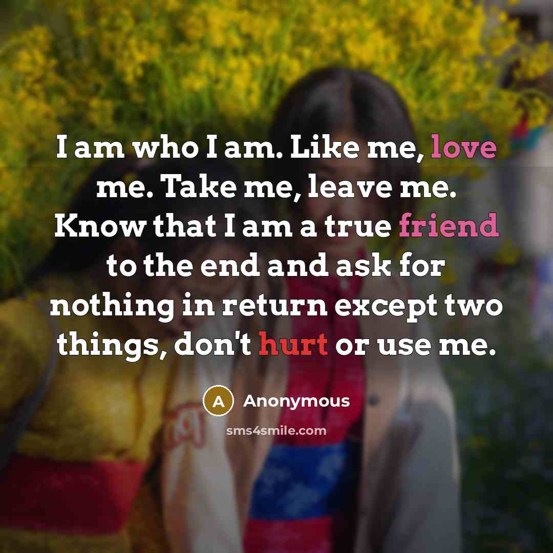 “I am who I am. Like me, love me. Take me, leave me. Know that I am a true friend to the end and ask for nothing in return except two things, don't hurt or use me.” quote by Anonymous