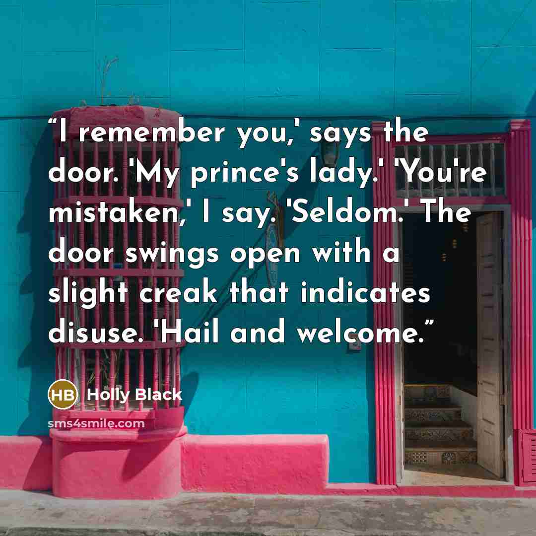 “I remember you,' says the door. 'My prince's lady.' 'You're mistaken,' I say. 'Seldom.' The door swings open with a slight creak that indicates disuse. 'Hail and welcome.” quote by Holly Black