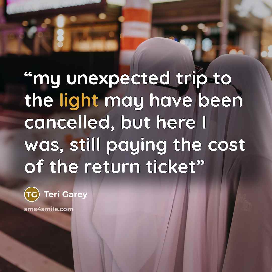 “my unexpected trip to the light may have been cancelled, but here I was, still paying the cost of the return ticket” quote by Teri Garey