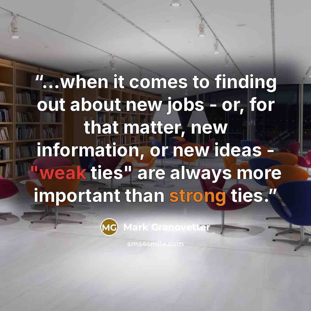 “…when it comes to finding out about new jobs - or, for that matter, new information, or new ideas - "weak ties" are always more important than strong ties.” quote by Mark Granovetter